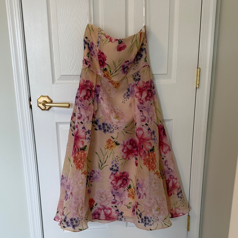 ALFRED SUNG Strapless Floral Cocktail Dress in Cream with Pink & Purple Flowers
